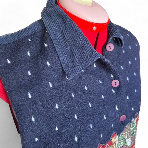 Snow Village Holiday Embroidered Christmas Vest With Button Closure & Collar - Picture 3 of 7